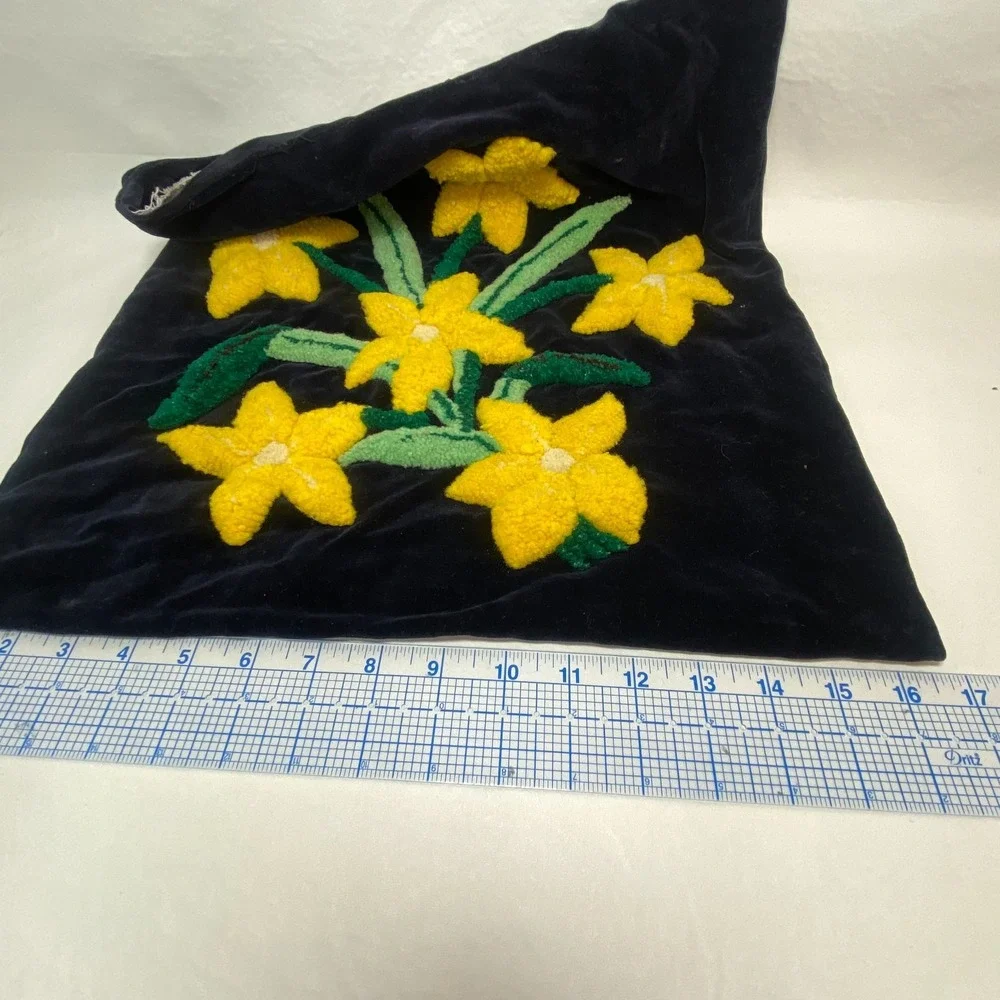 VTG Needlepunch Velvet Pillowcase Unfinished Yellow Flowers Floral Black Kitschy